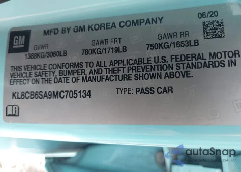 2021 Chevrolet Spark Fwd Ls Automatic из США, поврежденный, VIN KL8CB6SA9MC705134